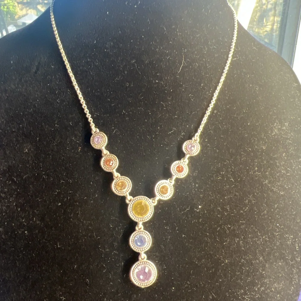 Napier Drop Necklace Rhinestone Blue Pink Yellow Purple Silver Tone - Picture 1 of 9